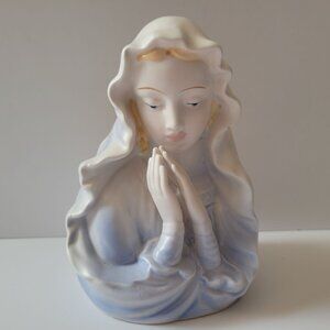 Napco Ceramic Virgin Mary Head Vase Planter 7 Inch Blue & White Religious Decor